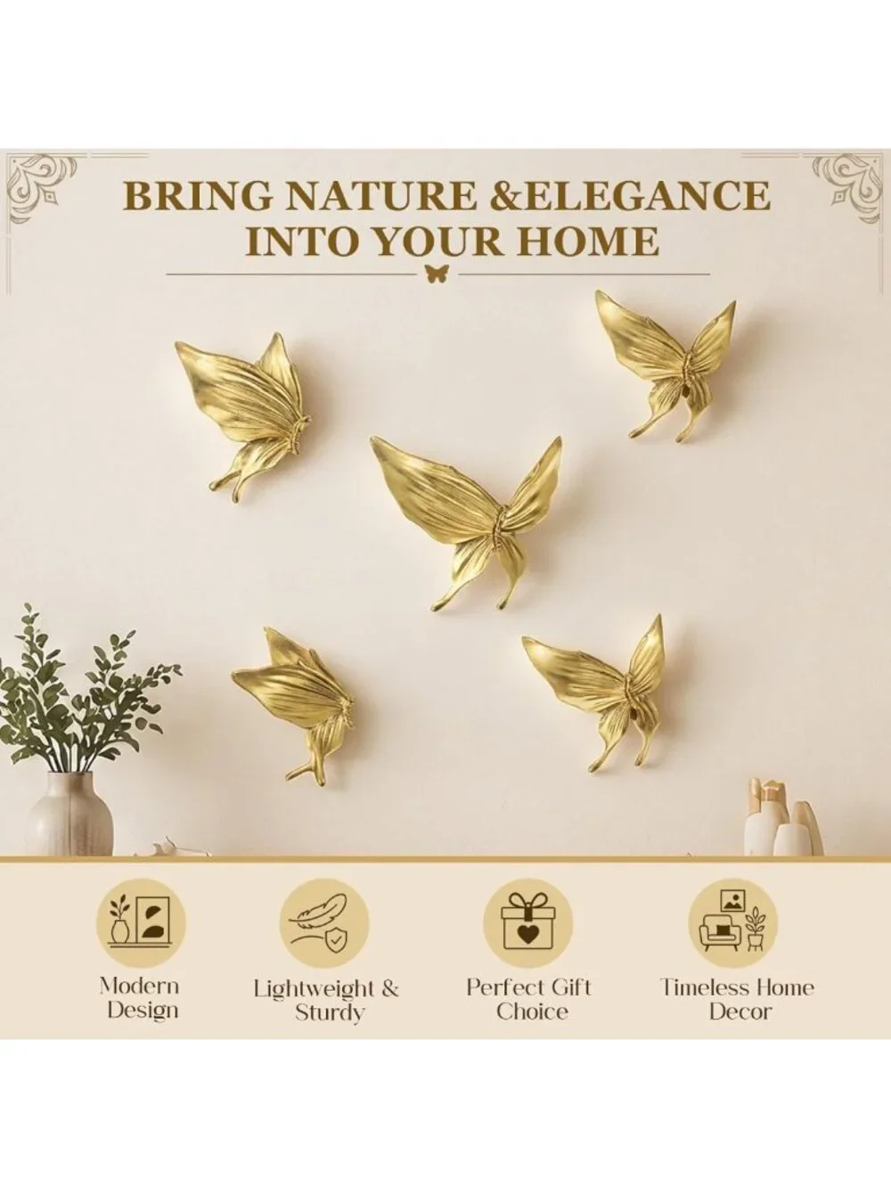 5 Pcs 3D Vintage Gold Butterfly Wall Art Decor for Home & Garden Decoration